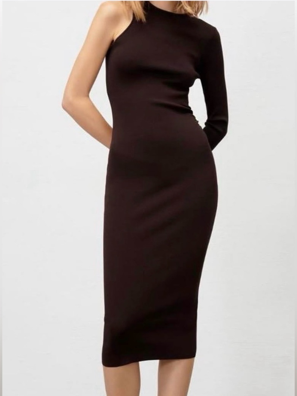One-Shoulder Long Sleeve Midi Dress in Dark Brown
